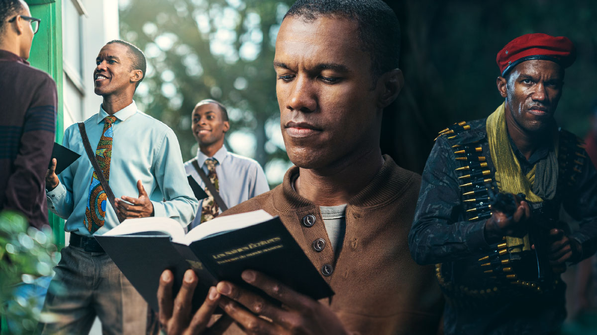 مجموعه تصاویر:‏ برادری تصویر جین را می‌کشد.‏ ۱)‏ او اسلحه به دست و کمربند مهمّات دارد.‏ ۲)‏ او کتاب مقدّس را می‌خواند.‏ ۳)‏ او با مردی در خدمت موعظه صحبت می‌کند.‏