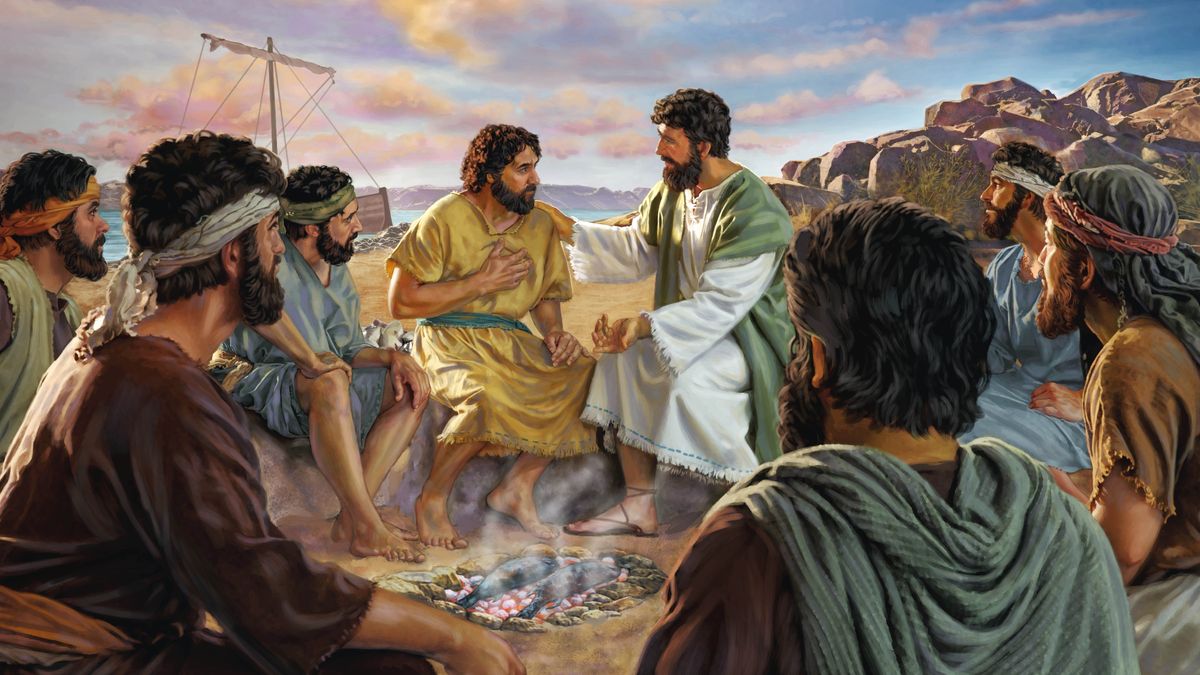 ‏.Jesus talking with Peter while fish are being cooked over a fire. Other apostles listen attentively