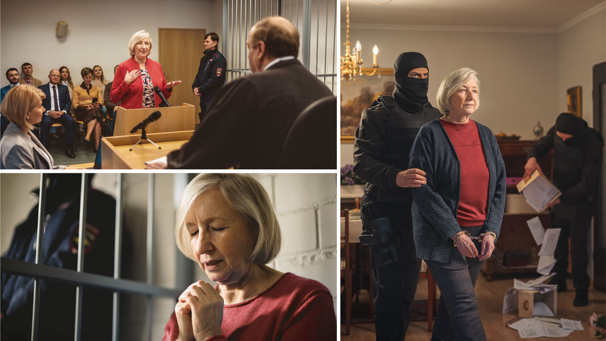 مجموعه‌ای از تصاویر:‏ با خواهری مسن بدرفتاری می‌شود.‏ ۱)‏ او با وجود این که مأموران به او دستبند زدند و به خانه‌اش یورش بردند آرامشش را حفظ می‌کند.‏ ۲)‏ او با قاضی در دادگاه محترمانه حرف می‌زند.‏ ۳)‏ او در سلول زندان دعا می‌کند و نگهبانان بیرون می‌ایستند.‏