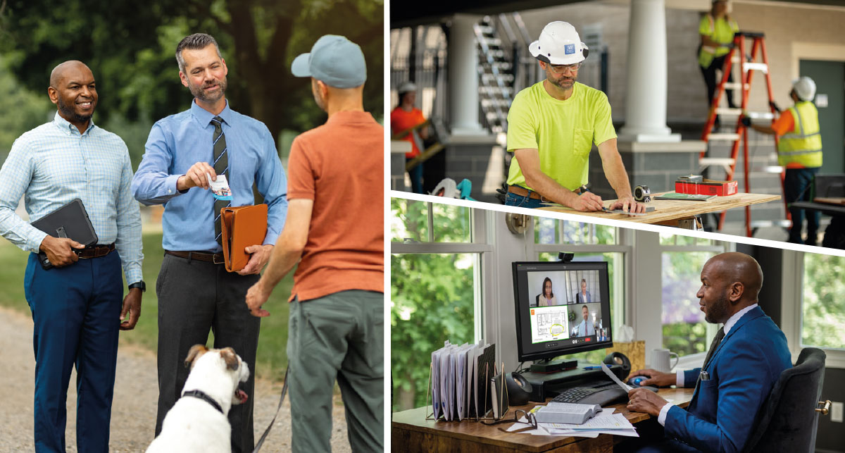 مجموعه‌ای از تصاویر:‏ ۱)‏ برادری در یک پروژهٔ ساختمان‌سازی کمک می‌کند.‏ ۲)‏ برادر دیگری برای خدمت بیت‌ئیل دورکاری می‌کند.‏ ۳)‏ آن دو برادر با هم در موعظه همکاری می‌کنند.‏