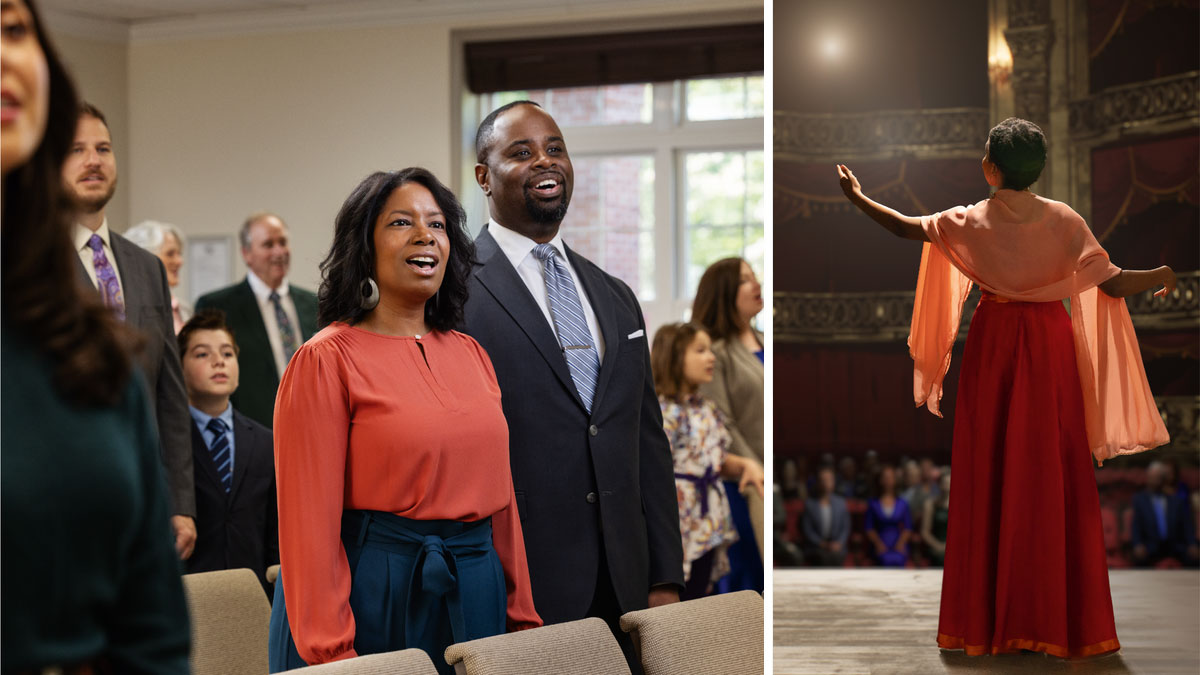 مجموعه‌ای از تصاویر:‏ عکس نمایشی از تصمیمی که جولیا گرفت.‏ ۱)‏ او روی سکو در مقابل جمعیتی آواز می‌خواند.‏ ۲)‏ او با همسرش در جماعت سرود می‌خوانند.‏