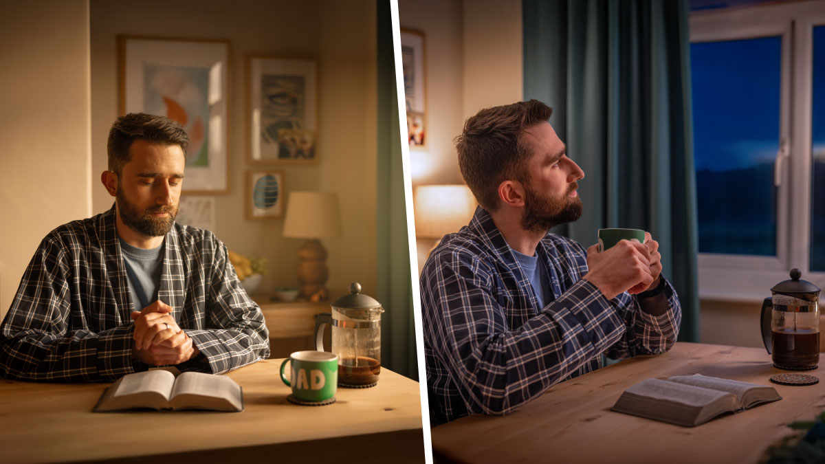 مجموعه‌ای از تصاویر:‏ ۱)‏ قبل از طلوع آفتاب،‏ برادری در حالی که پشت میزش نشسته و لیوان قهوه‌اش روی میز قرار دارد و کتاب مقدّس جلویش باز است،‏ تعمّق می‌کند.‏ ۲)‏ بعد از طلوع آفتاب،‏ او همچنان پشت میزش نشسته و بدون عجله دعا می‌کند.‏