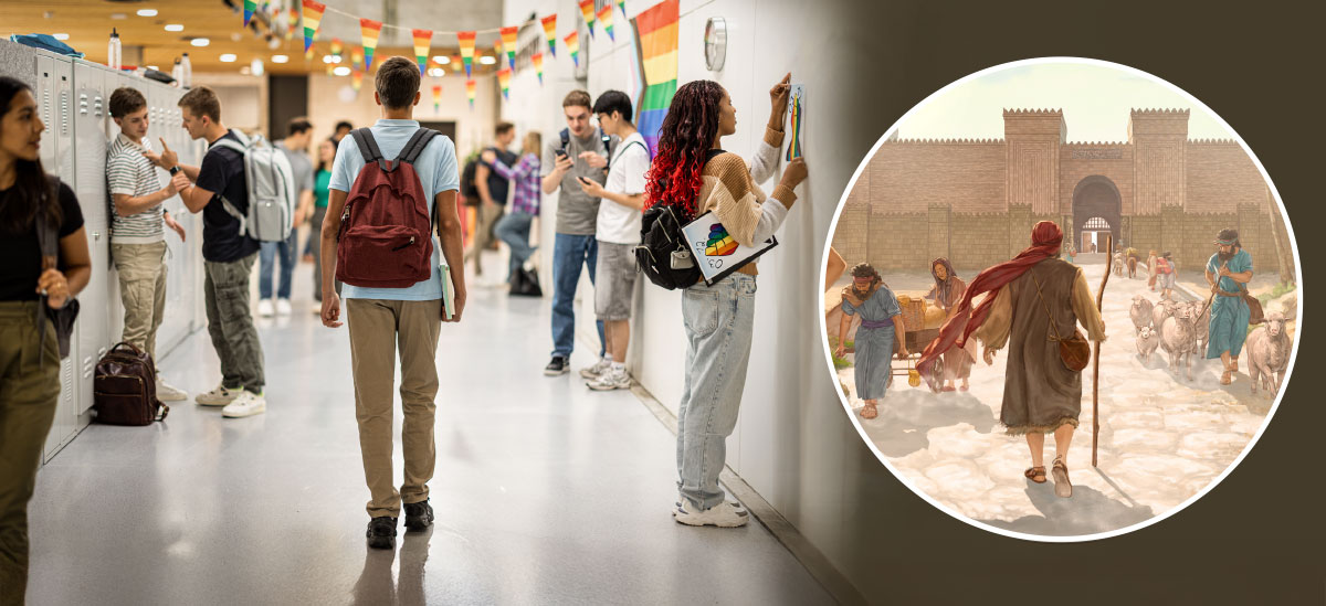 مجموعه‌ای از تصاویر:‏ ۱)‏ یونِس نبی به سمت دروازه‌های شهر نِینَوا می‌رود.‏ ۲)‏ یک برادر نوجوان در راهروی مدرسه است و صحنه‌های را می‌بیند که برخلاف خواست یَهُوَه است.‏ همه جا پرچم رنگین‌کمان آویزان شده است.‏ یک پسر به پسر دیگری زور می‌گوید.‏