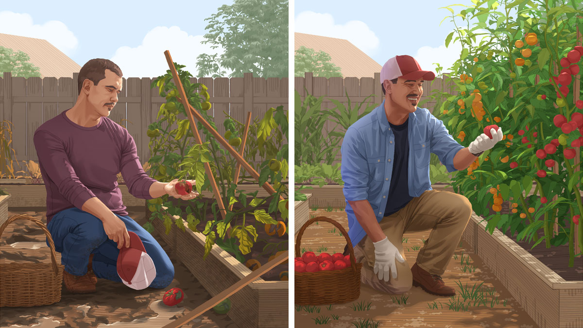 مجموعه‌ای از تصاویر:‏ مردی در باغش روزهای خوب و روزهای بد دارد.‏ ۱)‏ او از باغش گوجه‌های رسیده را می‌چیند و خوشحال است.‏ ۲)‏ او آخر فصل به گوجه‌هایی که خراب شده‌اند نگاه می‌کند و ناراحت است.‏