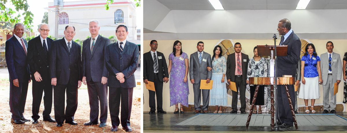 مجموعه‌ای از تصاویر:‏ ۱)‏ گوستاوو روی سکو ایستاده و با فارغ‌التحصیلان مدرسهٔ کتاب مقدّس برای زوج‌ها که پشتش ایستاده‌اند صحبت می‌کند.‏ ۲)‏ گوستاوو همراه چهار عضو دیگر کمیتهٔ شعبه.‏