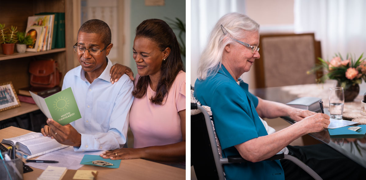 مجموعه‌ای از تصاویر:‏ ۱)‏ خواهری سالمند روی صندلی چرخدار نشسته و کارت می‌نویسد و مبلغی پول در پاکت می‌گذارد.‏ ۲)‏ یک زوج با خوشحالی آن کارت را می‌خوانند.‏