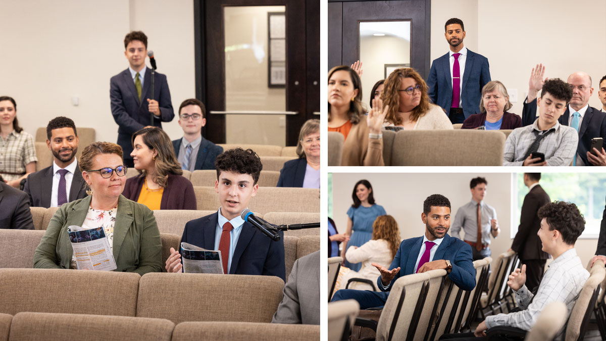 مجموعه‌ای از تصاویر:‏ یک برادر پسر نوجوان خواهری را در جماعت تشویق می‌کند.‏ سه تصویر بعدی هر صحنه را جداگانه نشان می‌دهند.‏