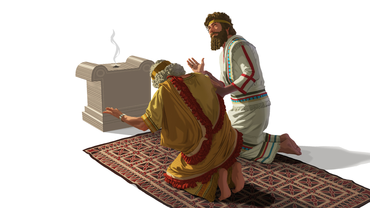 نَعَمان و پادشاه پیر سوریه در مقابل مذبح بخور زانو زده‌اند و در حالی که پادشاه در برابر بت سجده می‌کند،‏ نَعَمان به سوی دیگر نگاه می‌کند.‏