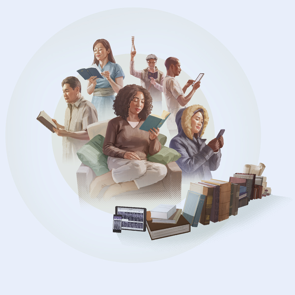 افرادی از ملیت‌های مختلف در حال خواندن کتاب مقدّس هستند.‏ در جلوی تصویر،‏ چند نسخه از کتاب مقدّس به شکل چاپی و دیجیتال دیده می‌شود.‏