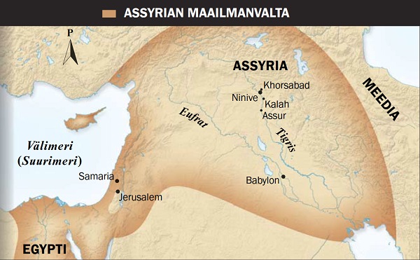 1. Siivekästä sonnia esittävä assyrialainen patsas. 2. Assyrian maailmanvallan kartta