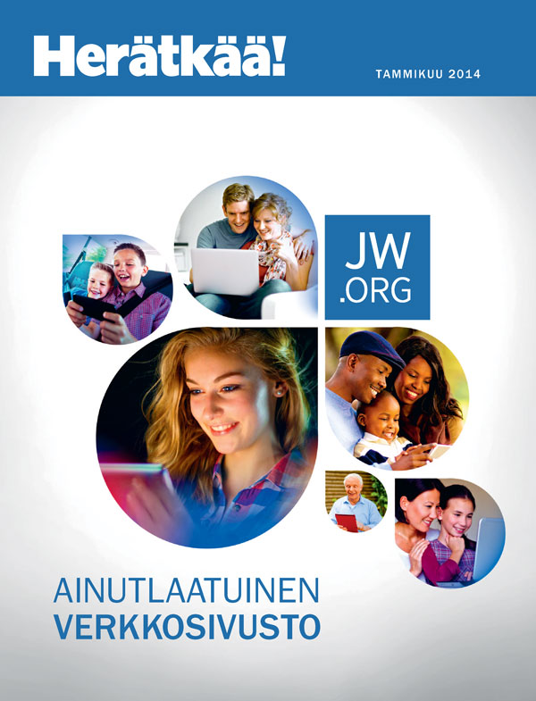 Kaikenlaisia ihmisiä, sekä nuoria että vanhoja, katsomassa jw.org-sivustoa