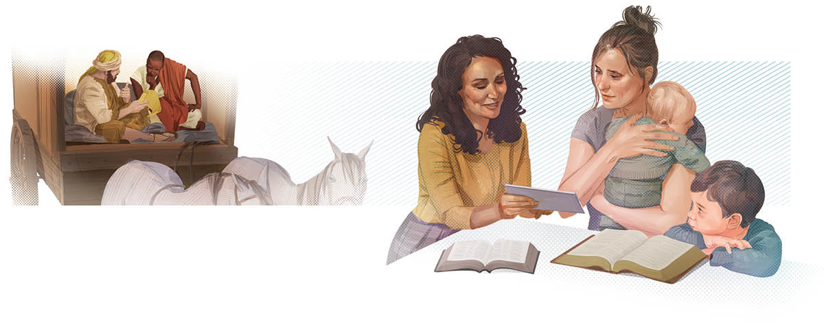 Kuvakollaasi: 1. Evankelista Filippos selittää etiopialaismiehelle Raamatun kirjoituksia. 2. Jehovan todistaja keskustelee Raamatusta äidin ja tämän kahden lapsen kanssa.