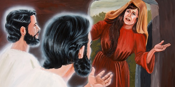 Kaksi enkeliä kertoo Maria Magdaleenalle Jeesuksen haudalla, että Jeesus on herätetty kuolleista