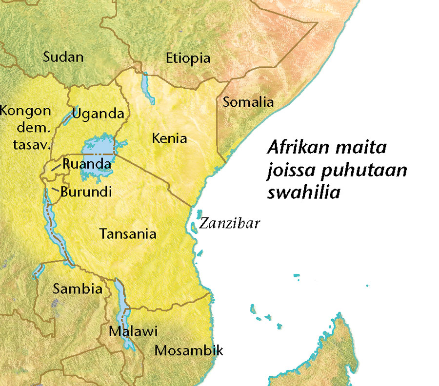 Kartta Afrikan maista, joissa puhutaan swahilia