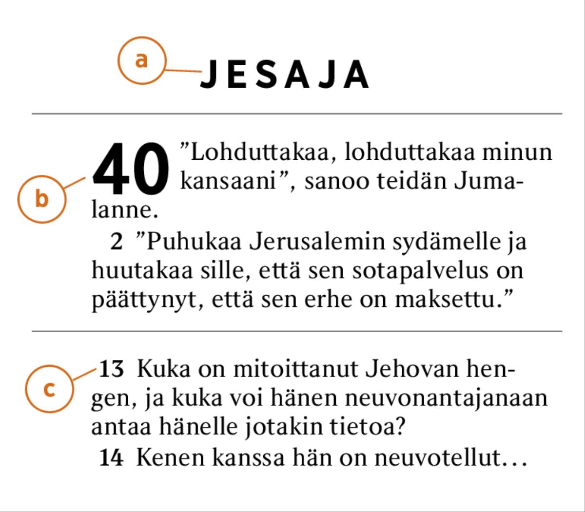 Yksittäinen raamatunkohta, joka osoittaa, miten ilmaistaan a) Raamatun kirja, b) luku ja c) jae