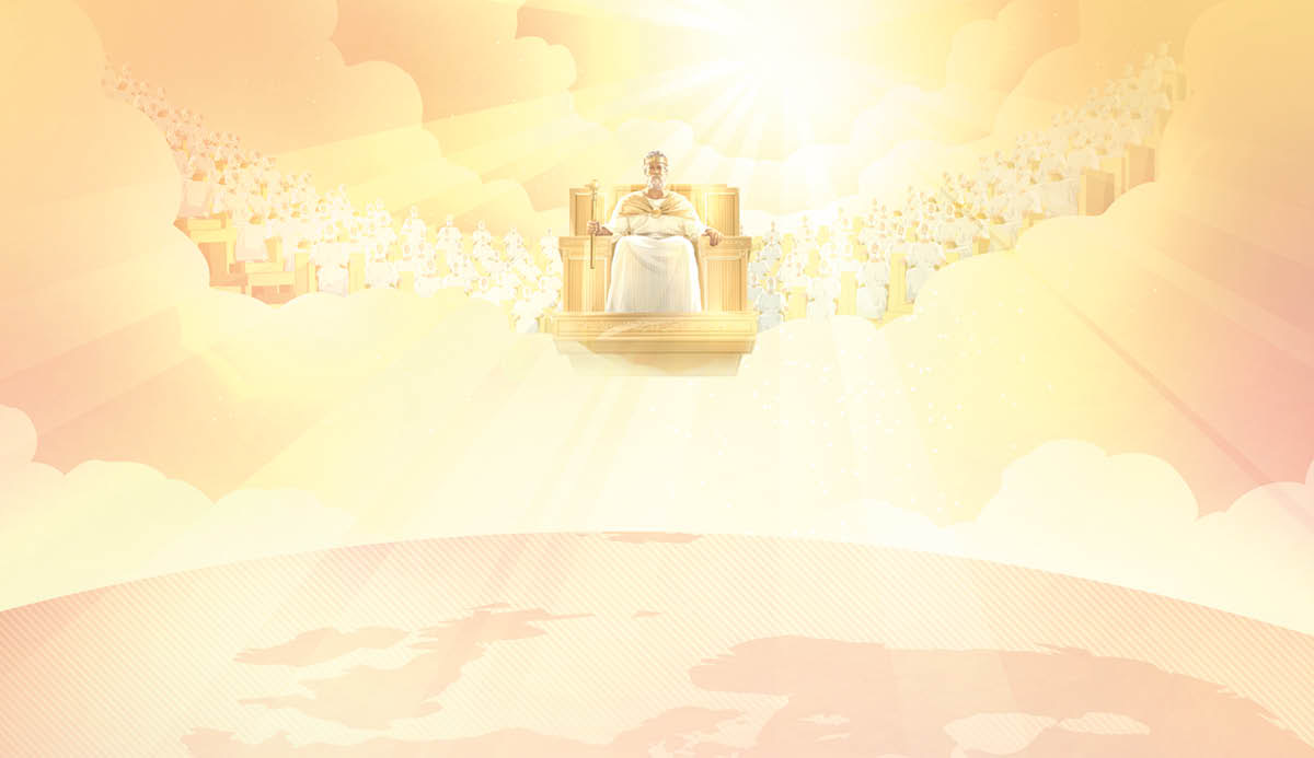 Jesus Christ ruling over the earth from his heavenly throne. His associate rulers are seated behind him. Jehovah shines brightly behind them.