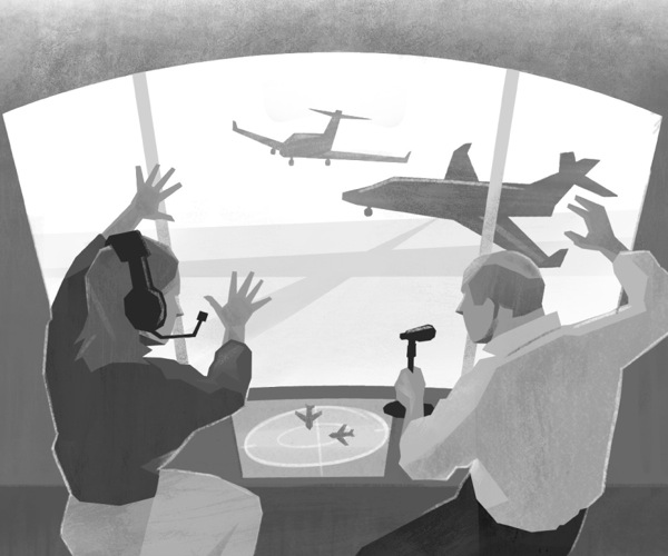 Une tour de contrôle donne des directives à deux avions pour éviter une collision