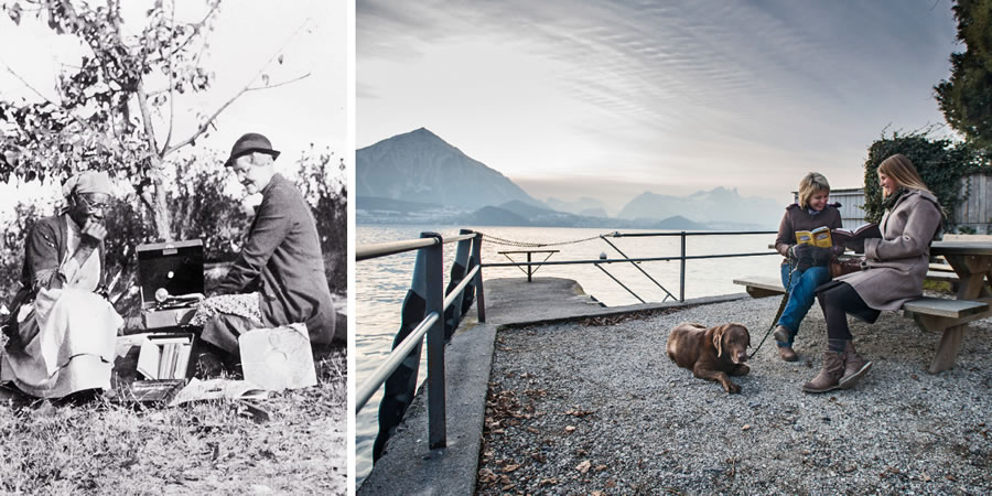 1. Une sœur utilise un phonographe pour faire connaître le message de la Bible à la fin des années 1930 ; 2. Une étude de la Bible à l’extérieur en Suisse à notre époque