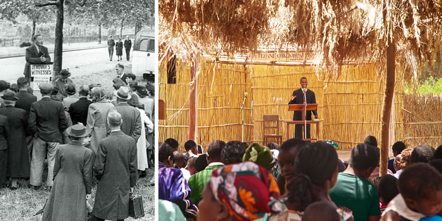 1. Réunion en plein air à Londres en 1945 ; 2. Assemblée en plein air au Malawi