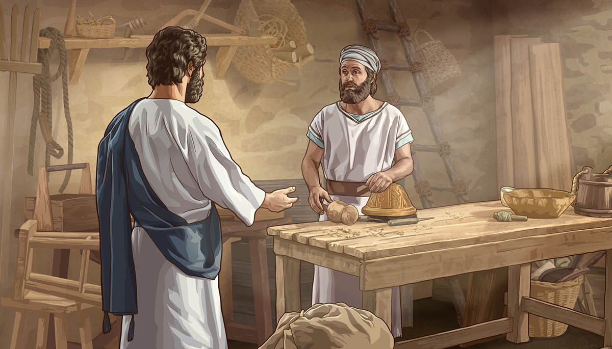 Jésus entre dans l’atelier de menuiserie de son frère Jacques. Celui-ci est surpris de le voir.