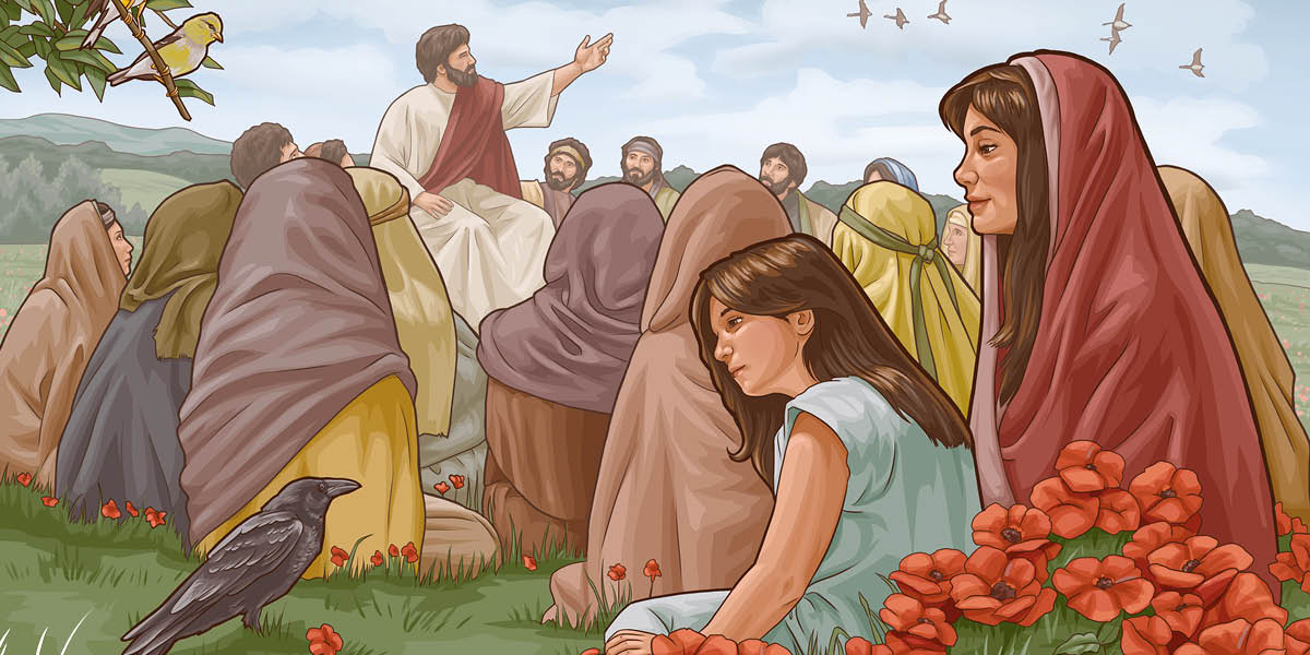 Une mère et sa fille observent des oiseaux et des fleurs tout en écoutant Jésus prononcer son Sermon sur la montagne.