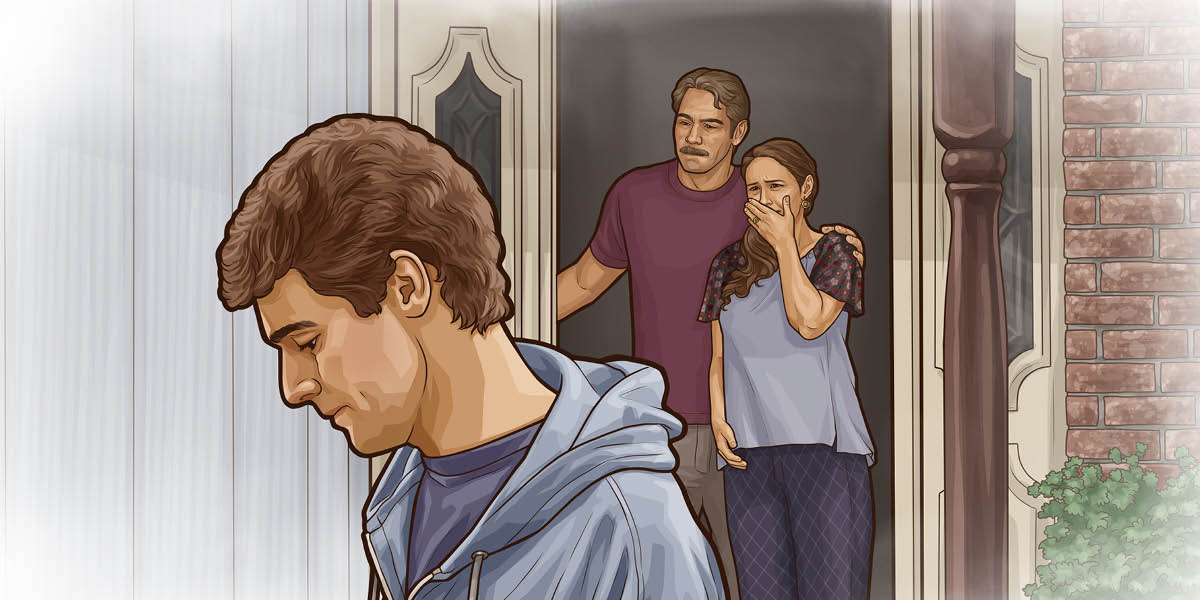 Sur le pas de leur porte, des parents regardent en pleurant leur fils adulte non repentant quitter la maison.