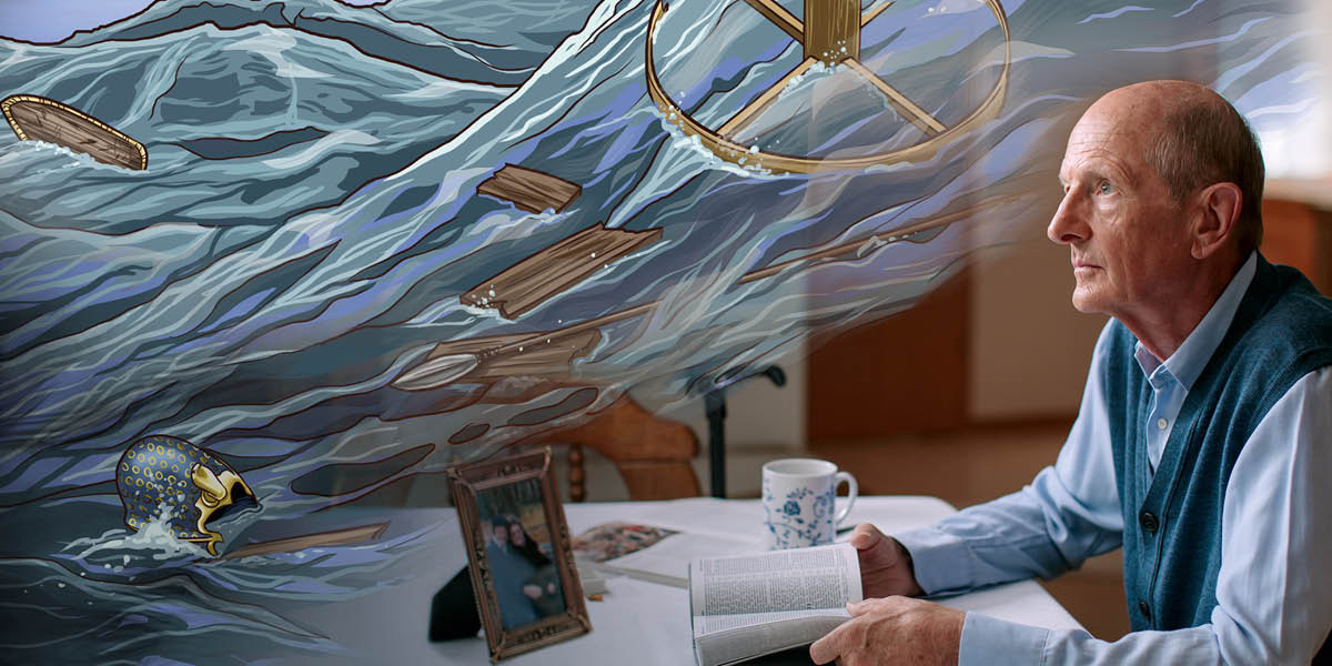 Un frère âgé lit la Bible et se représente mentalement la destruction de l’armée égyptienne dans la mer Rouge.