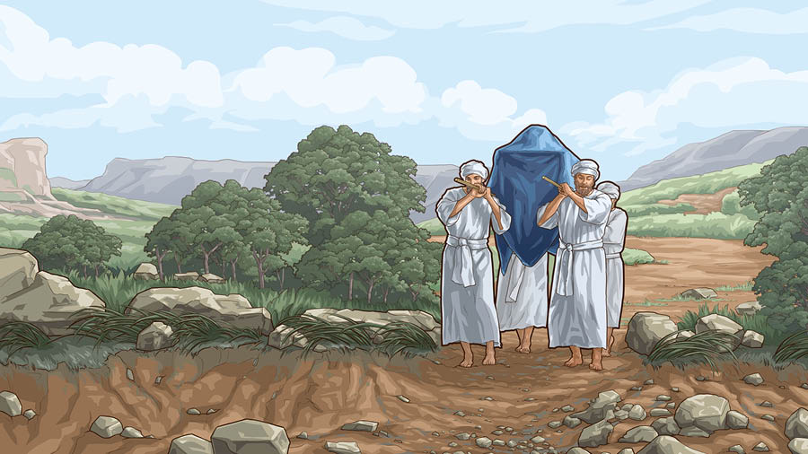 Des prêtres, transportant l’arche de l’Alliance, traversent le lit asséché du Jourdain.