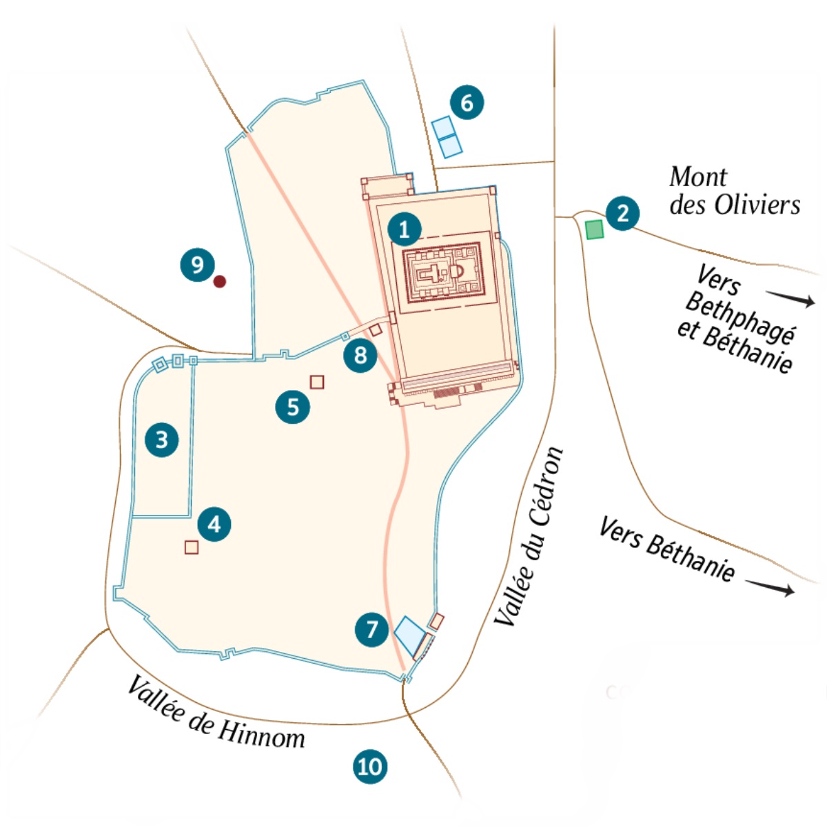 Carte de Jérusalem et ses environs. Liste des emplacements connus ou possibles : 1. Temple. 2. Jardin de Gethsémani. 3. Palais du gouverneur. 4. Maison de Caïphe. 5. Palais où séjournait Hérode Antipas. 6. Piscine de Bethzata. 7. Piscine de Siloé. 8. Salle du Sanhédrin. 9. Golgotha. 10. Akeldama.