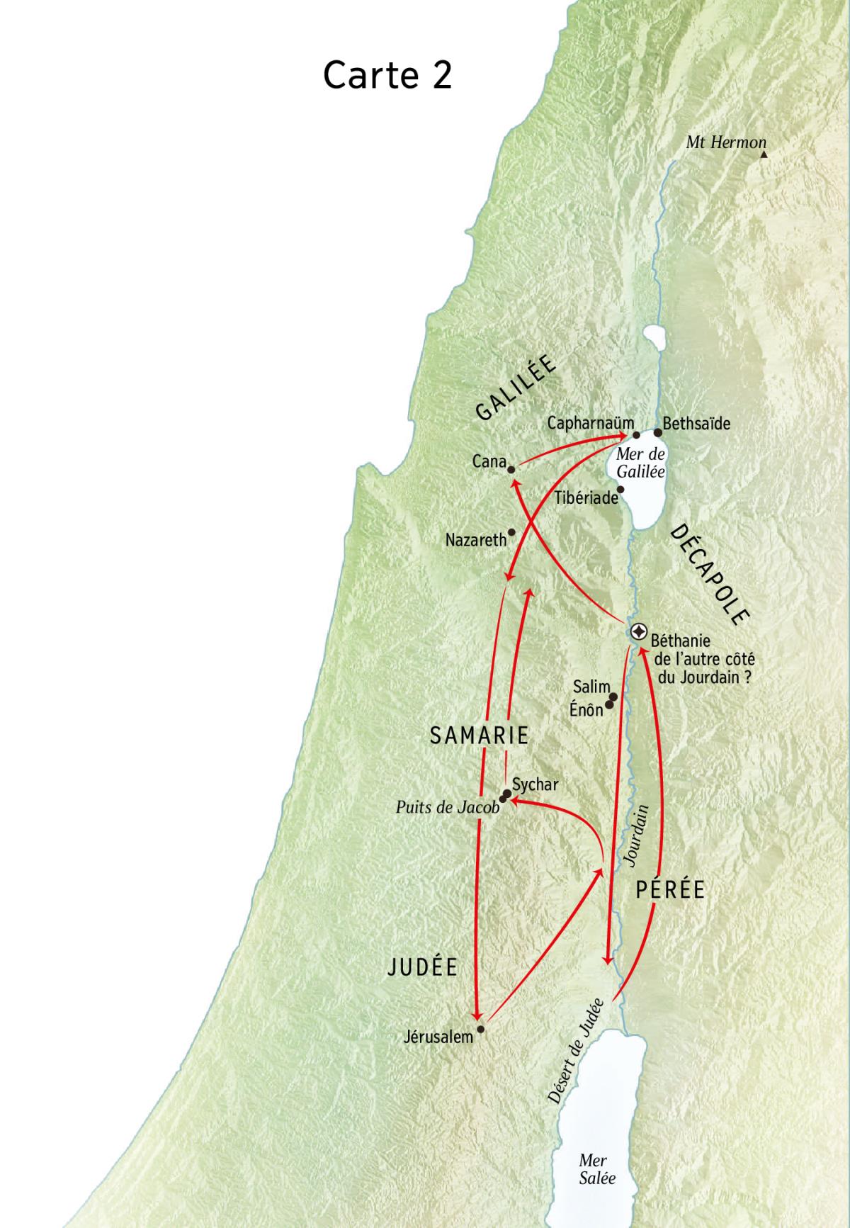 Carte indiquant des lieux de la vie de Jésus, dont le Jourdain et la Judée