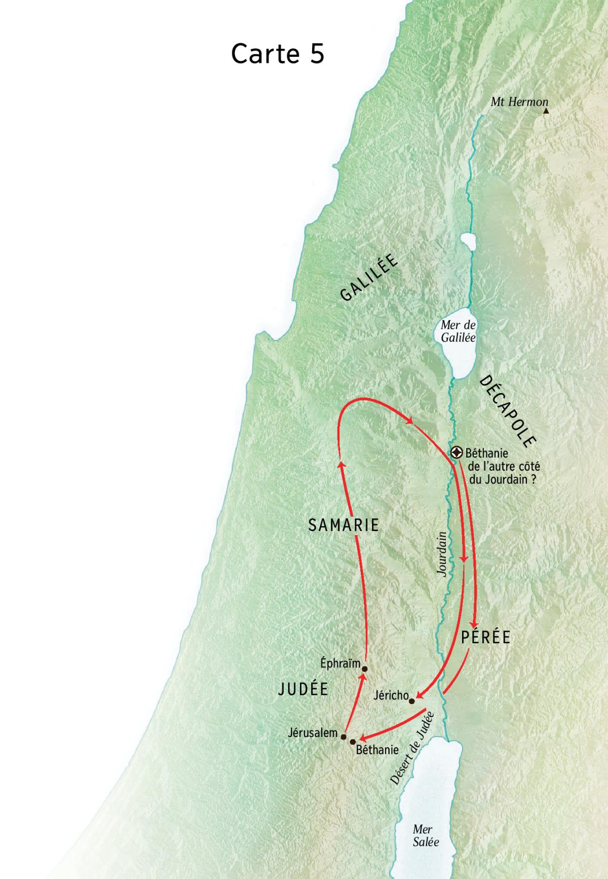 Carte indiquant des lieux associés au ministère de Jésus, dont Béthanie, Jéricho et la Pérée