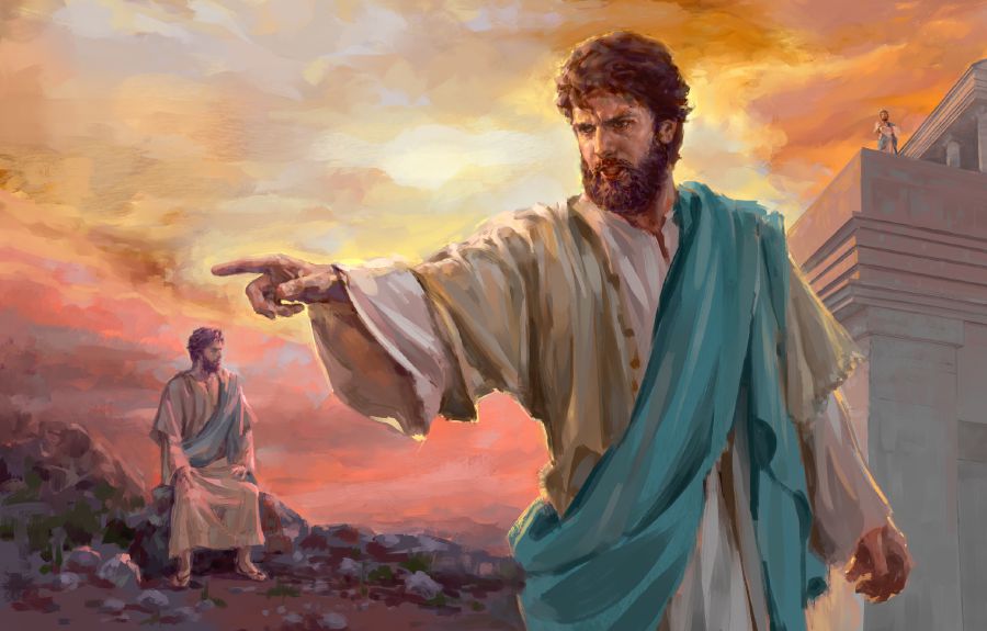 Montage : Jésus résiste à la tentation. 1. Assis dans le désert rocailleux de Judée, Jésus médite. 2. Jésus debout sur le parapet du temple. 3. Jésus ordonne à Satan de s’en aller.