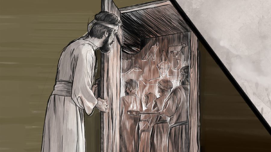 Ézéchiel voit, dans la cour intérieure du Temple, des anciens qui offrent de l’encens à des représentations de faux dieux gravées sur le mur.