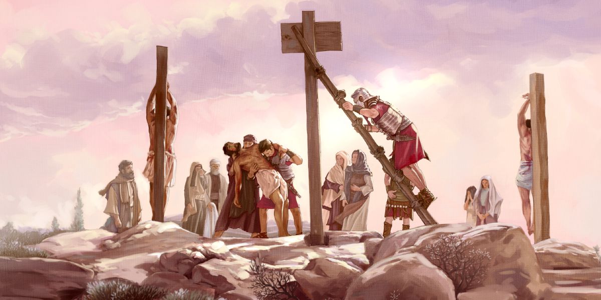 Le corps de Jésus est enlevé du poteau de supplice sous le regard de ses disciples