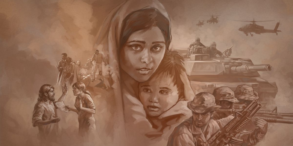 Une femme serrant son enfant dans ses bras lors d’une guerre