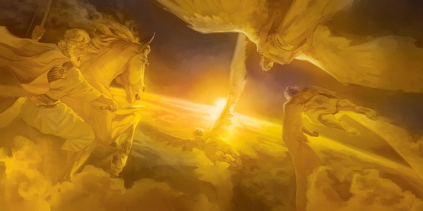 Dans le ciel, le Roi Jésus part au combat avec ses armées.