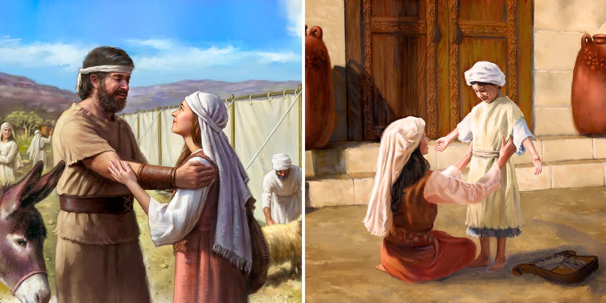 Yiphtah avec sa fille au sanctuaire ; Hanna s’acquitte de son vœu envers Jéhovah en amenant le petit Samuel au tabernacle