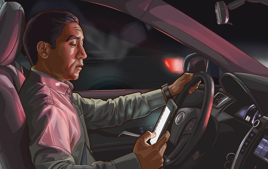 Série d’images : 1) Un frère écrit un texto tout en conduisant. 2) Ce même frère s’est garé et, debout près de sa voiture, il écrit un texto.