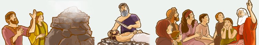 Abraham et Sara offrant un sacrifice ; Abraham tenant un couteau, prêt à sacrifier Isaac ; Abraham enseignant les voies de Jéhovah à sa famille