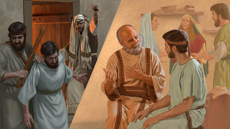 Ensemble d’illustrations : 1) Paul, à l’époque où il était pharisien, ordonne l’arrestation d’un chrétien. 2) Paul, maintenant chrétien, encourage un jeune frère.