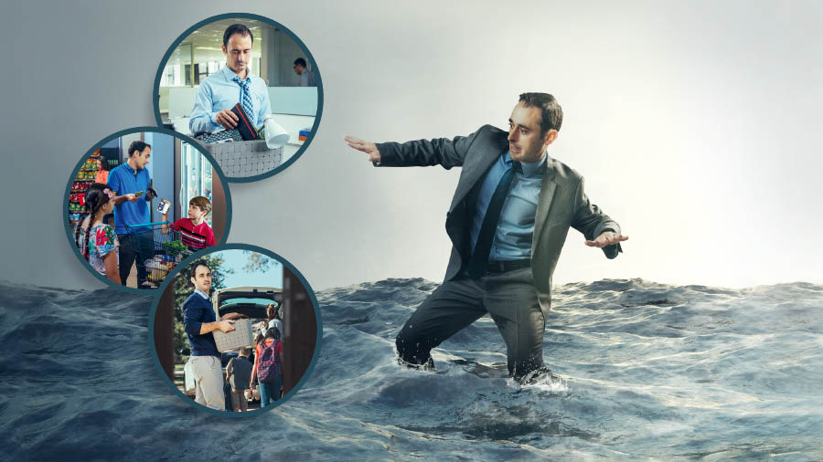 Un frère s’enfonce dans la mer. Ensemble d’illustrations : 1) Sur son lieu de travail, le frère met ses affaires dans une caisse. 2) Il fait des courses avec ses enfants, mais il n’a pas assez d’argent pour acheter certaines denrées. 3) Le frère et sa famille déménagent.