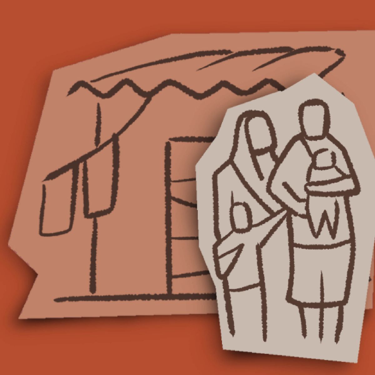 Pictogramme représentant une famille qui se tient devant son habitation très modeste.