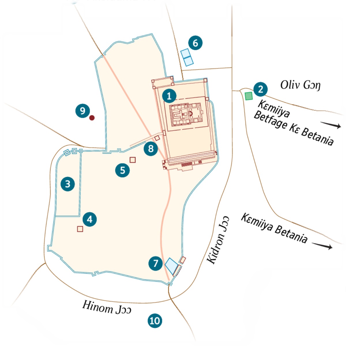 Map ko ni miitsɔɔ Yerusalem kɛ jɛmɛ niiaŋ. Atsɔɔ hei ni ale kɛ hei ni abɛ nɔmimaa tsɔ yɛ he. 1. Sɔlemɔ shĩa. 2. Getsemane Abɔɔ. 3. Amralo lɛ shĩa. 4. Kaiafa shĩa. 5. Maŋtsɛ shĩa ni Herode Antipa hi mli. 6. Betzata Kpaakpo. 7. Siloam Kpaakpo. 8. Sanhedrin Asa. 9. Golgota. 10. Akeldama.