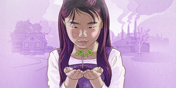 Duine agus boireannach a’ coimhead air adhart le misneachd mun àm ri teachd; nighean òg a’ cuir uisge air lusan; luchd-obrach a’ togail taigh-còmhnaidh