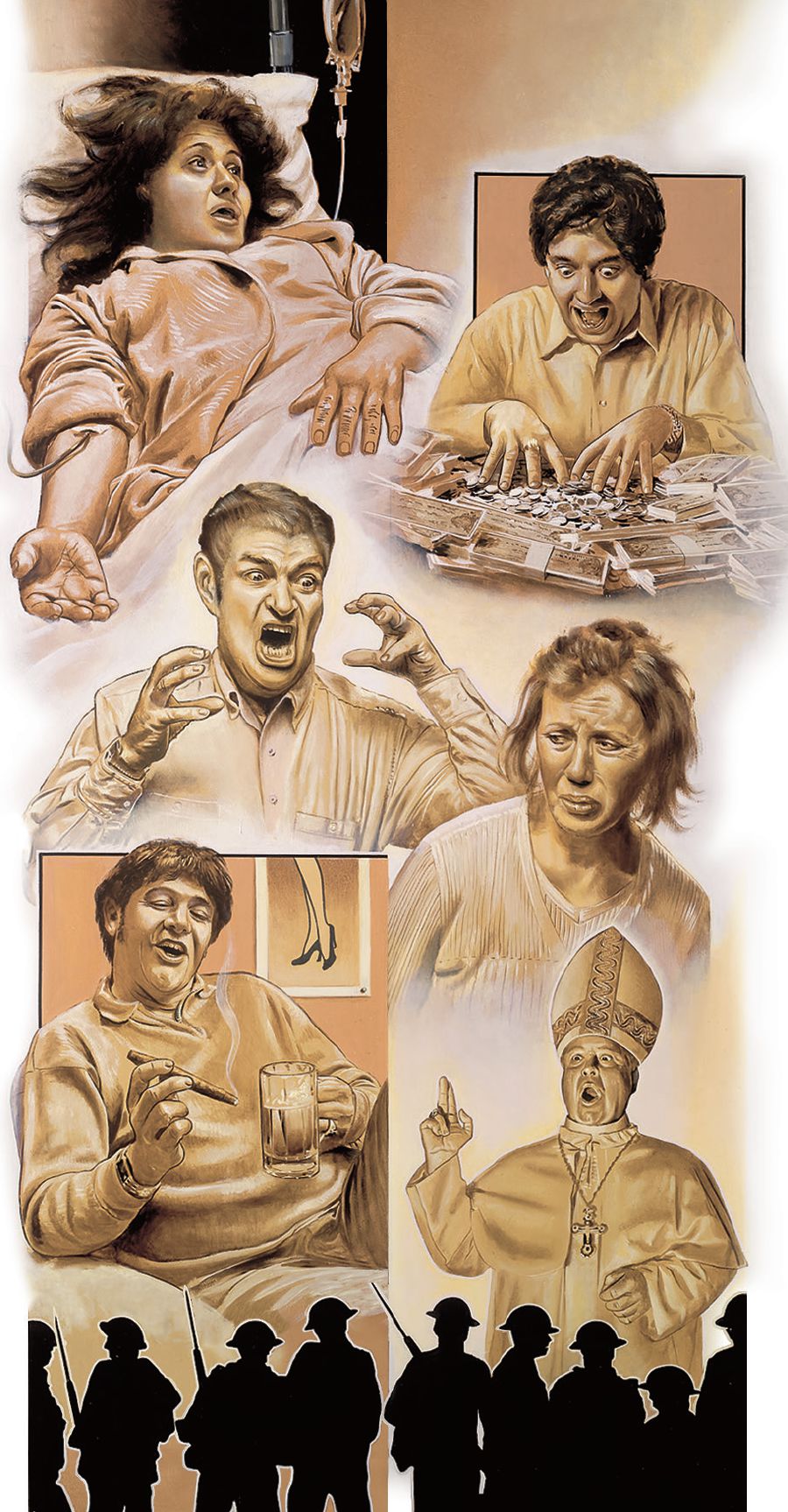 Escenas dos días derradeiros: unha muller enferma, persoas que demostran amor ós cartos e ós praceres da vida, un home berrándolle á súa muller, soldados na guerra