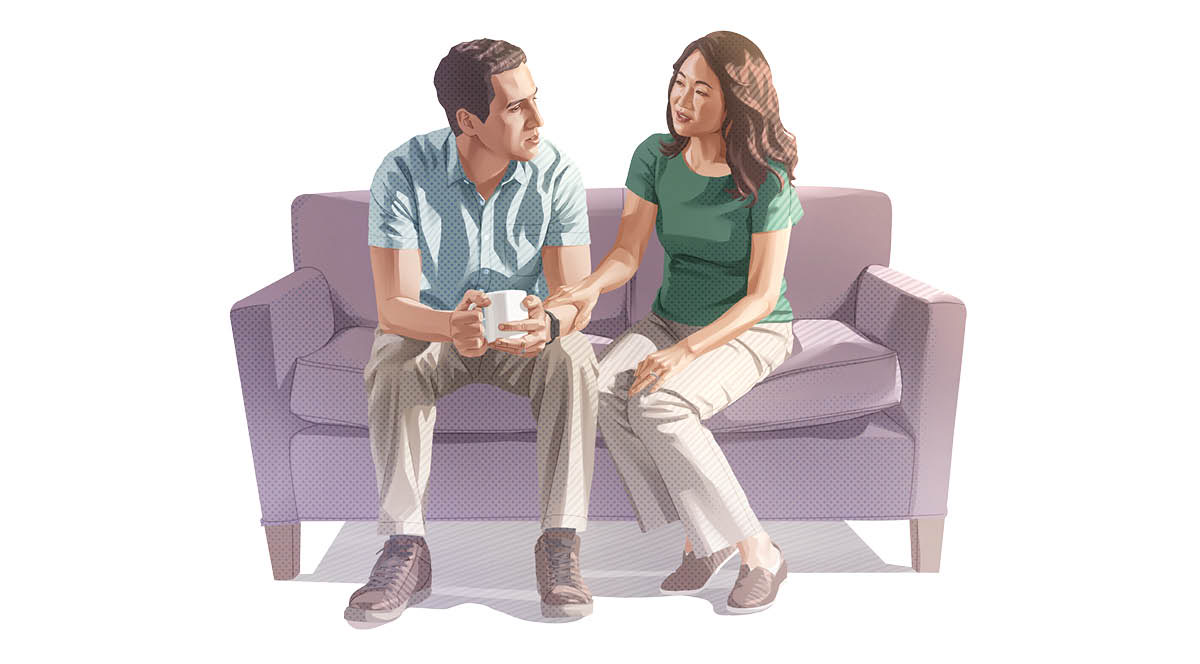 Un home e unha muller xuntos falando dun problema.