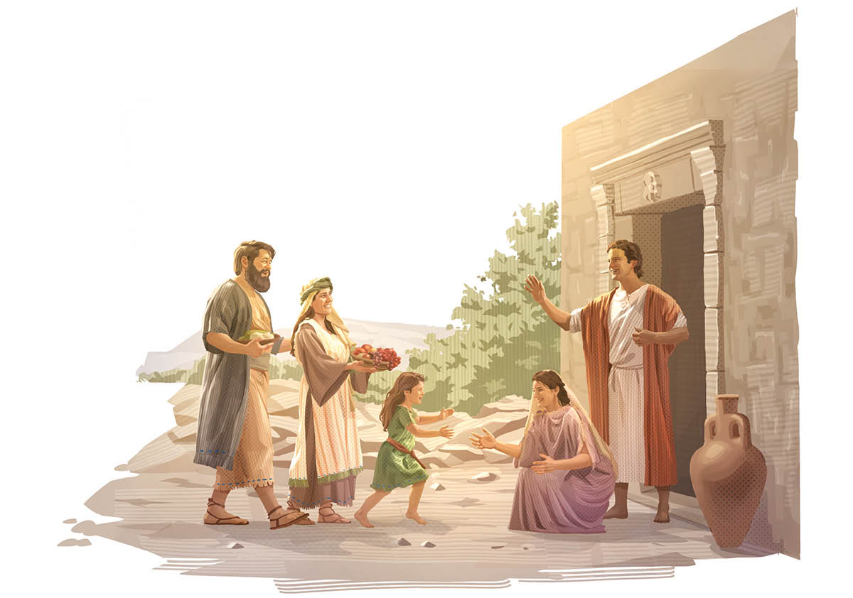 Unha familia cristiá do século primeiro levándolle comida a outra familia cristiá.