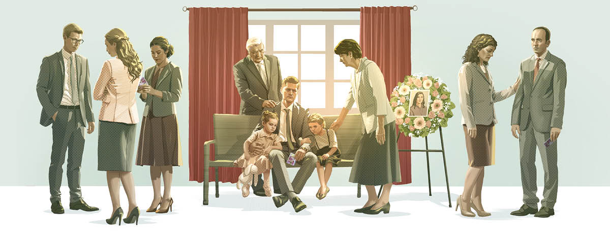 Un home cos seus dous filliños sentados nun banco no funeral da súa muller e nai dos pequenos. Amigos e familiares van a consolalos e apoialos.