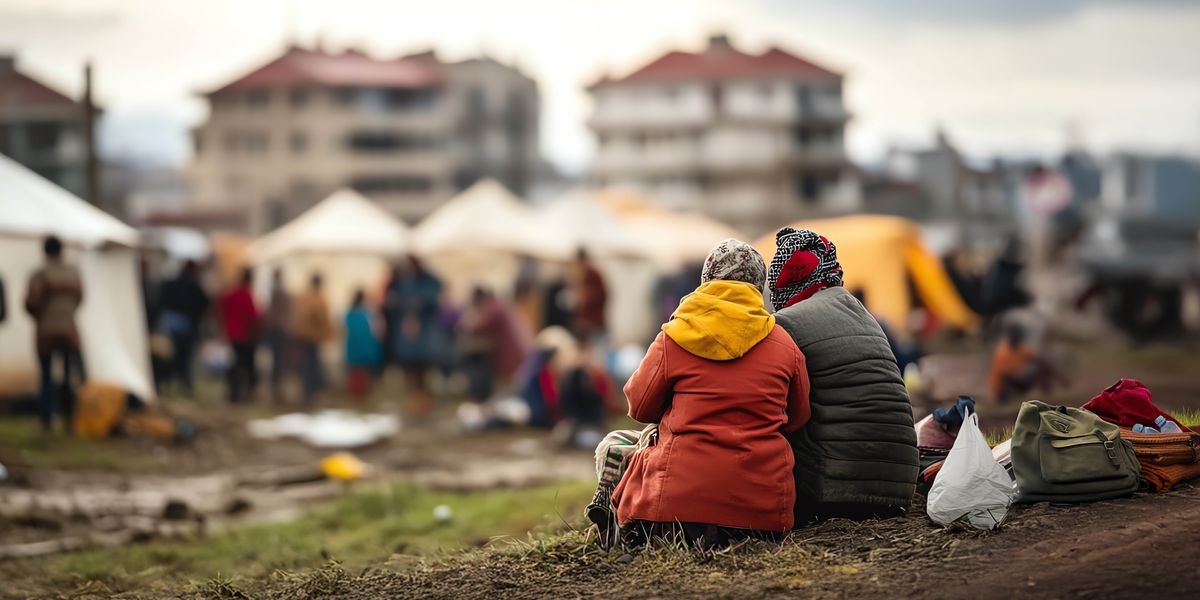 Dúas persoas sentadas no chan dun campo de refuxiados cunhas mochilas e uns poucos obxectos persoais. Están mirando as tendas doutros refuxiados que están preto.