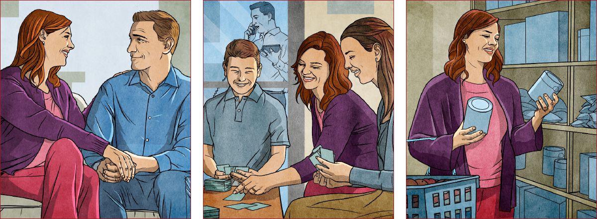 Unha muller falando amablemente co seu home, coidando dos fillos mentres el atende asuntos da congregación, e facendo a compra